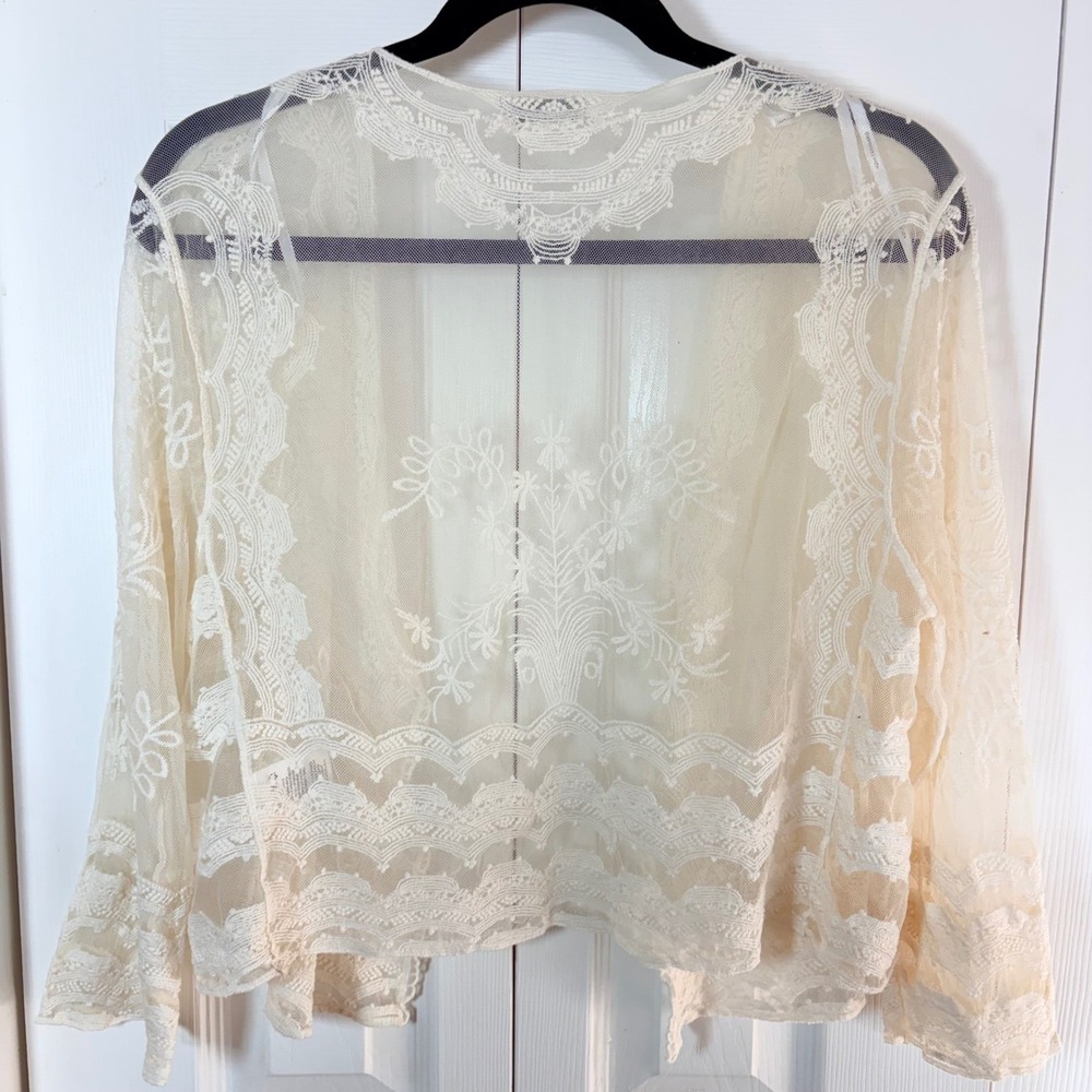 Nina Leonard Ivory Sheer Lace Open Cardigan XL Floral Feminine Romantic Coquette - Picture 5 of 10